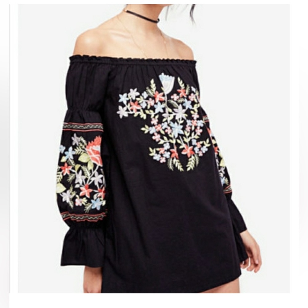 Free People Black Off-Shoulder Embroidered Floral Mini Dress Size Medium